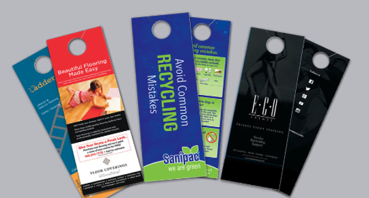 Various custom door hangers showcasing services and promotions creatively.