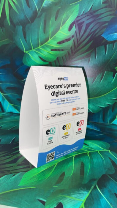 Custom-printed table tent promoting eyecare digital events and webinars.