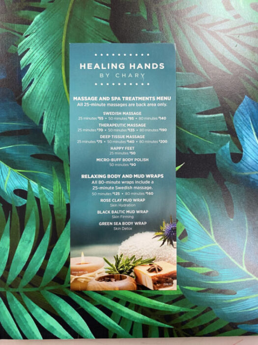 Professional rack card promoting spa services with a detailed treatment menu.