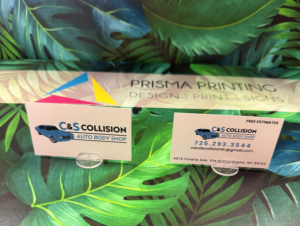 Linen textured business cards with a professional auto body shop design