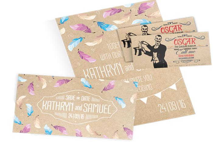 Creative kraft save-the-date and business card designs