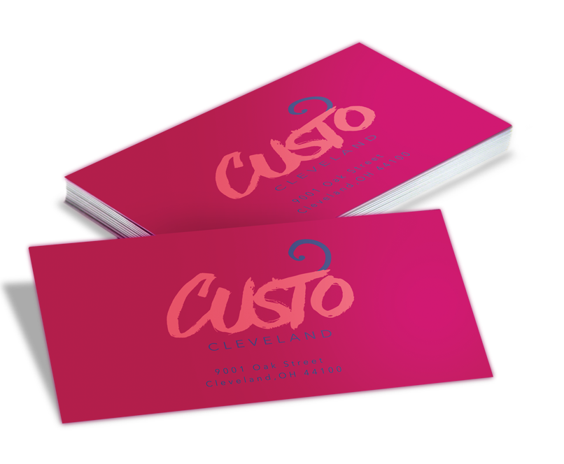 Vibrant pink suede business cards with soft touch and bold logo design