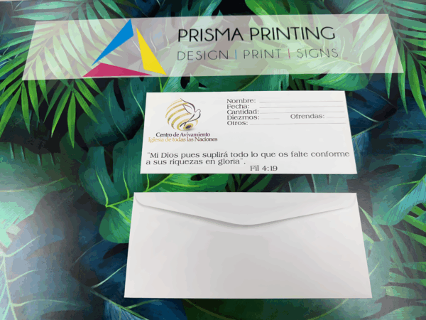 Professional custom envelope printing with logo and donation information