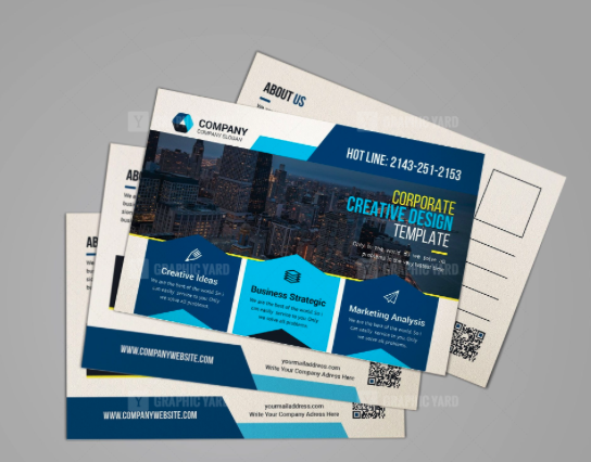 Standard postcard with business strategy, creative design, and marketing tips